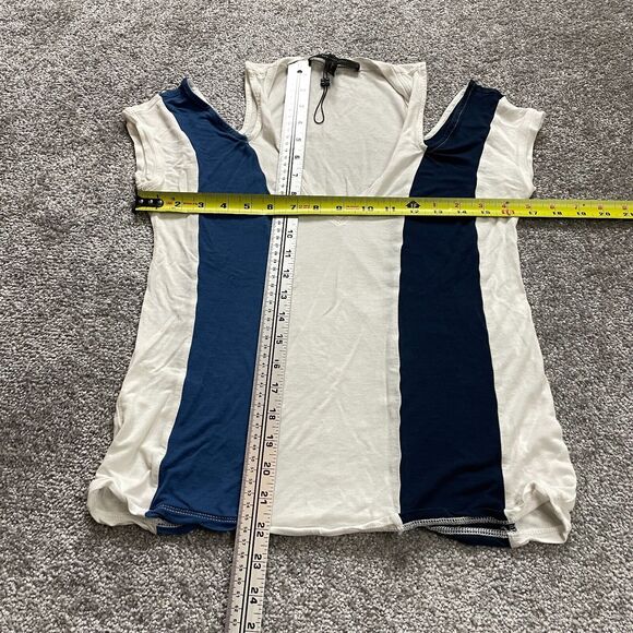 BCBGMAXAZRIA Shirt Womens XS White Blue Black STriped Cold Shoulder Deep V Neck - Picture 7 of 9